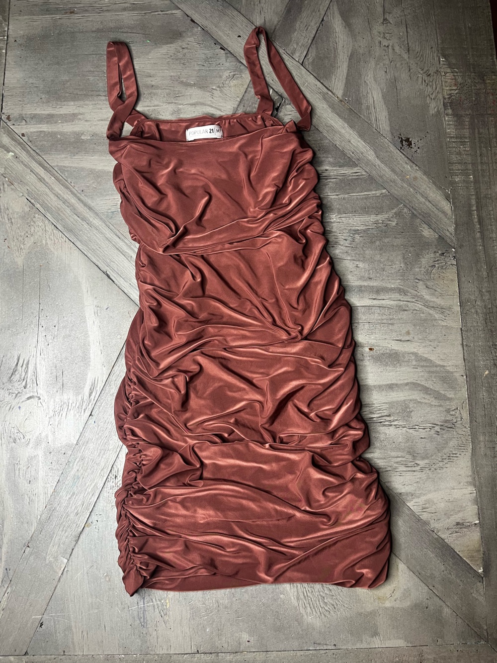 Ruched Midi Dress with Tie Straps - Rust